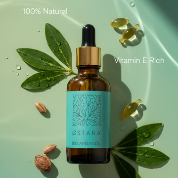 Østara Bio Arganöl 1:1 square format with product benefits