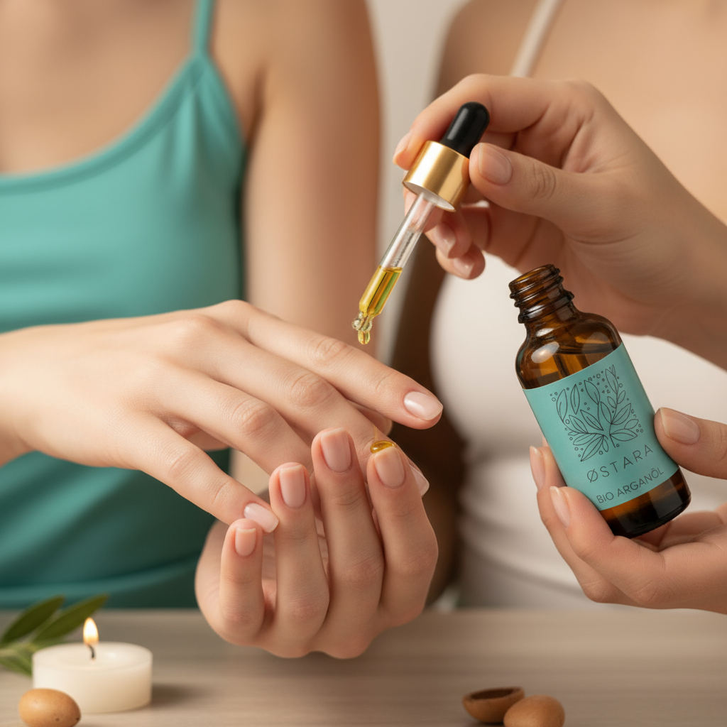 Three hands - nail care application with Ostara Bio-Arganöl
